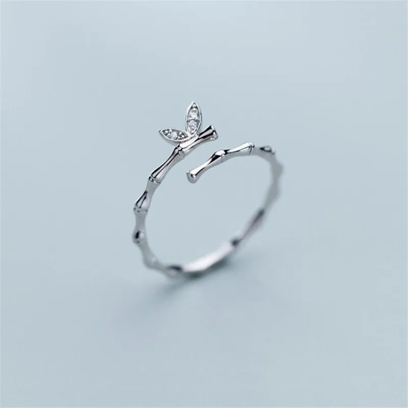 New Korean Style Temperament Butterfly 925 Sterling Silver Jewelry Personality Fresh Bamboo Crystal Opening Rings  SR557