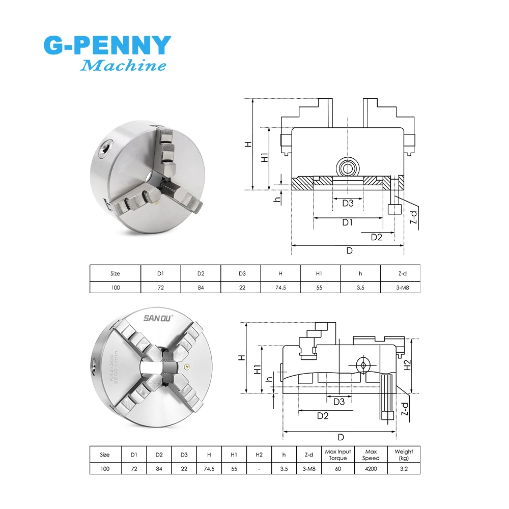 4th Axis 3/4Jaw 100mm CNC Dividing Head/Rotation Axis/A axis 57HS20N 2.2N.m & HBS57 Closed Loop & Tailstock Changeable Head