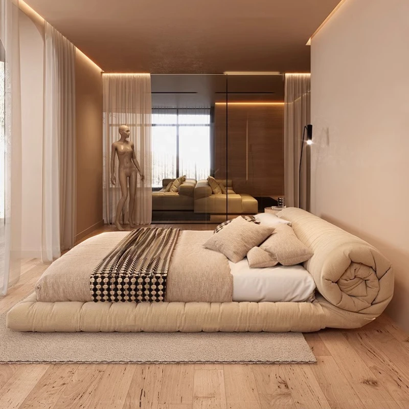 

Modern Simple Wind Flower Roll Bag Floor Bed Velvet Double Bed Cream Wind Flower Roll Bag Floor Bed Luxury Bed Soft Bed Nordic