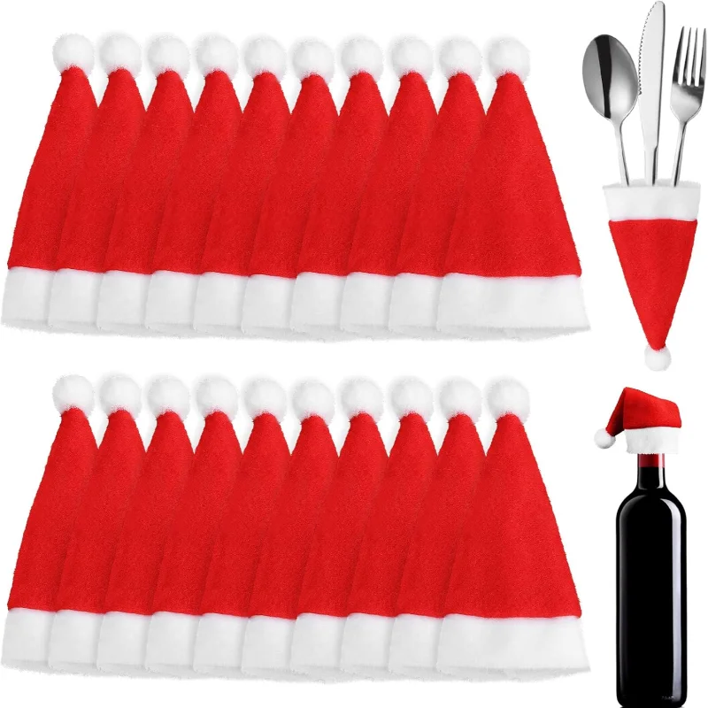 20 Pcs Christmas Cutlery Holders Santa Hats Silverware Xmas Tableware Bags Pocket Knifes Forks Dinnerware For Home Party