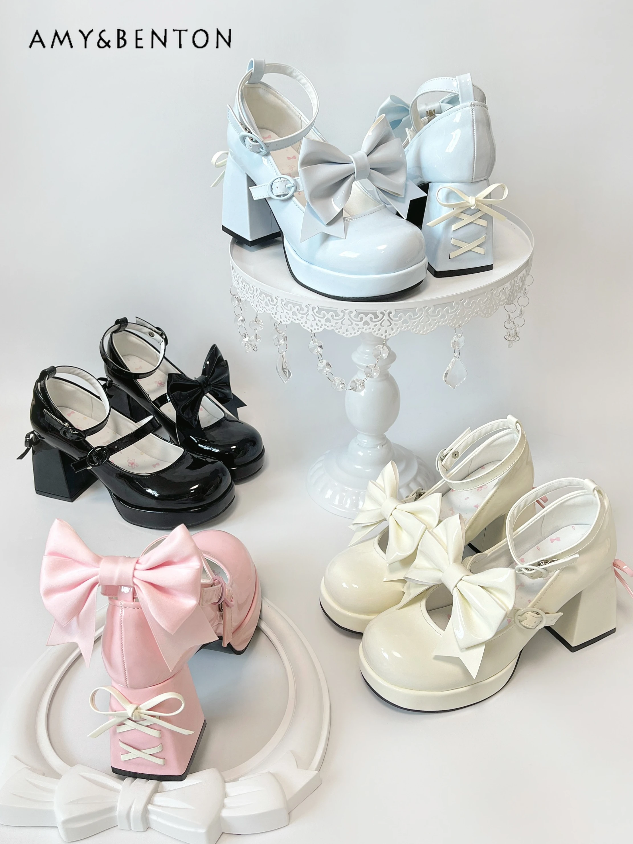 

French Elegant Lolita Princess High Heels Sweet Cute Bow Lace-up Round Toe Platform Heels Women All Match Kawaii Mary Jane Shoes