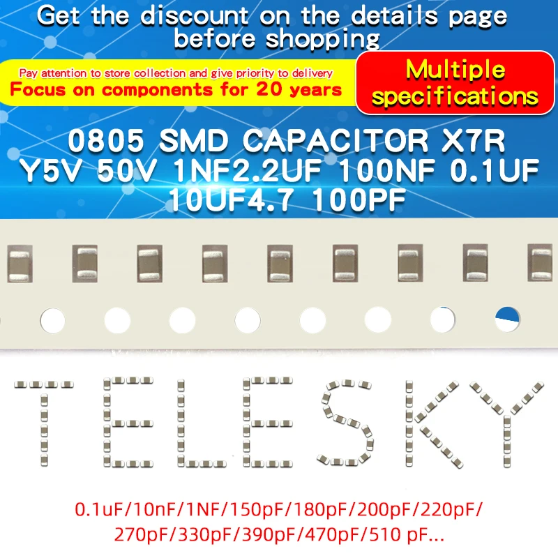 100pcs 0805 SMD Chip Capacitor X7R COG 10V 16V 25V 50V 1pF 4.7pF 10pF 20pF 22pF 100pF 104pF 470pF 1uF 10uF 1nF 10nF 100nF 220nF