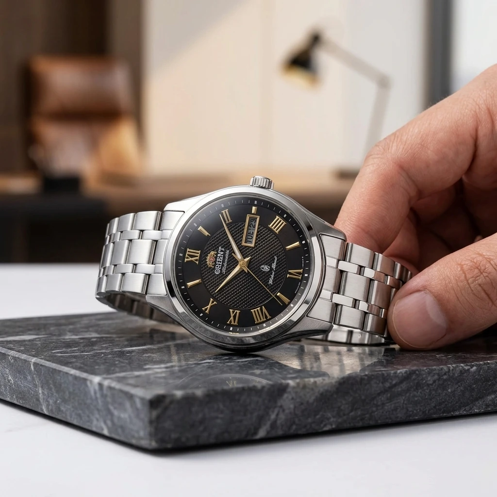 ORIENT Dual Day Date Automatic Mechanical Watch Roman Numerals Dial Stainless Steel Bracelet Luxury Business Dress Wristwatch view 5