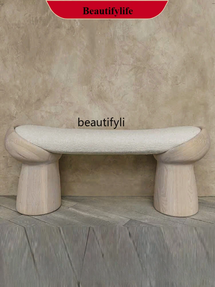 

D132 Silent Style Long Stool, White Wax Wood Solid Wood Rest Log Style Shoes Bed End Stool