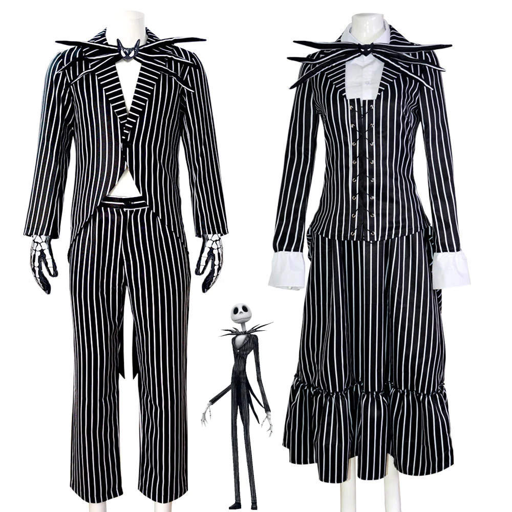 

The Nightmare Before Christmas Jack Cosplay Costume Jack Skellington Men Suit Women Striped Dress Halloween Couple Outfit