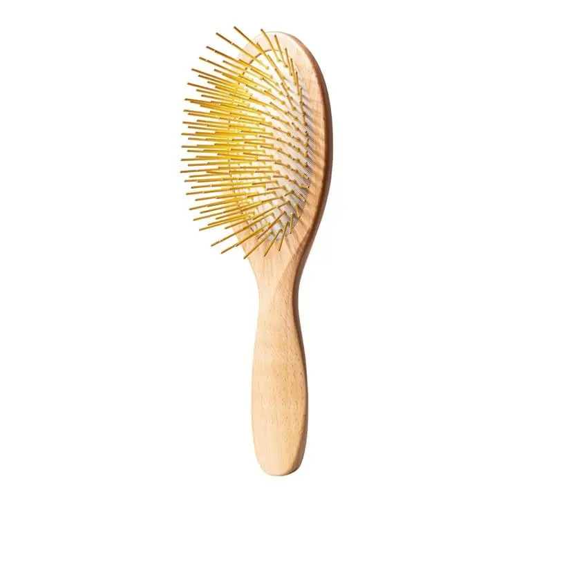 

Wooden Gua Sha Hair Brush with Gold-Plated Bristles for Scalp Massage and Healthy Follicles