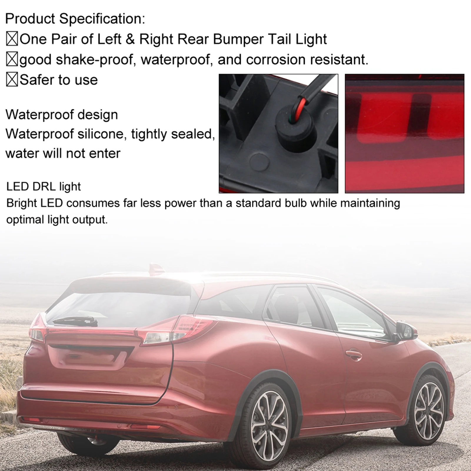 For Honda Civic 2016‑2017 2pcs Car Rear Bumper Tail Light  Brake Reflector Fog Lamp With DRL LED Bulbs