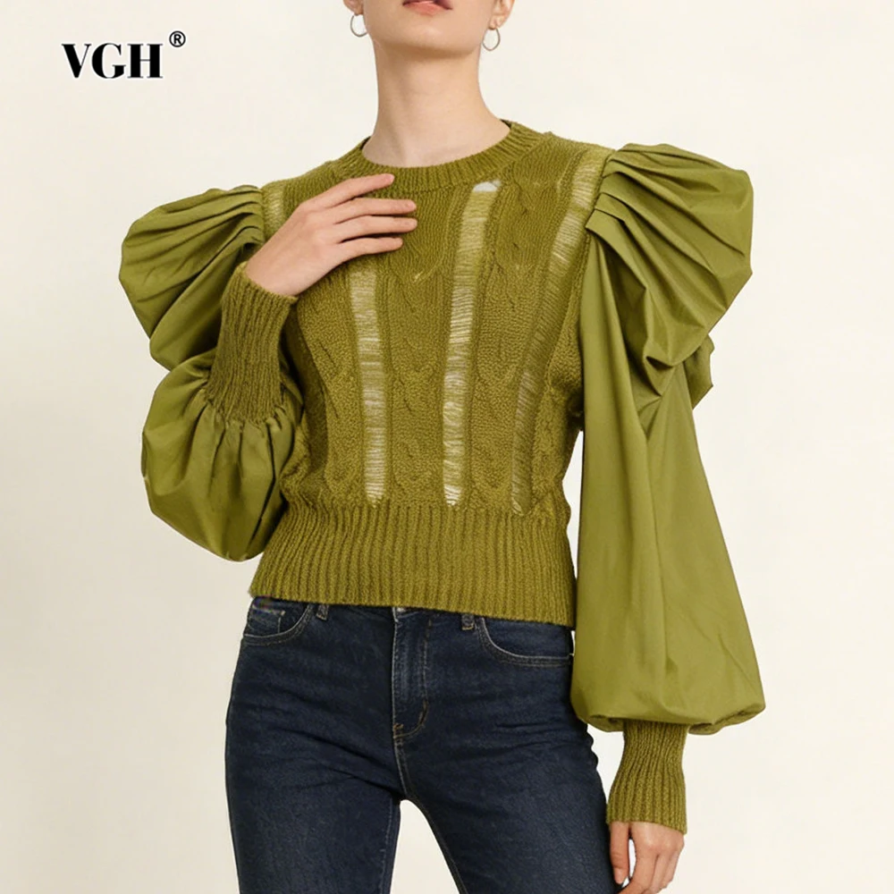 

VGH Court Style Solid Slimming Elegant Blouses For Women Round Neck Long Sleeve Spring Casual Knitted Blouses Female Fashion New