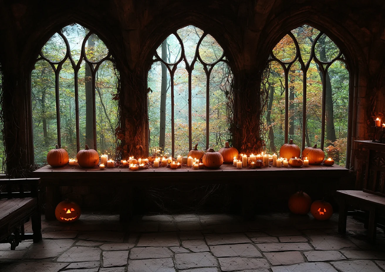 Halloween Gothic Hall Backdrop Tall Pointed Arch Windows Glowing Jack-O-Lantern Vintage Candles Stone Tile Floor Background