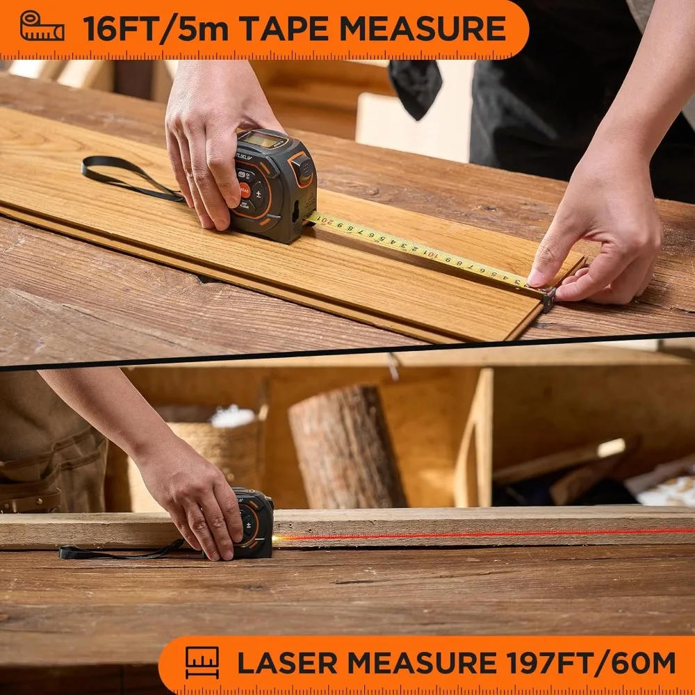 

Laser Tape Measure 197Ft Laser Measurement & 16Ft Manual Measuring Digital Tape Measure Support to Pythagorean Mode,