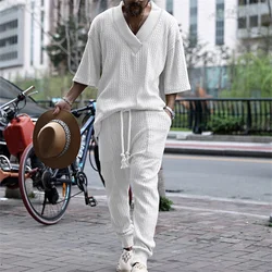 White Men's Casual Pants Sets Jacquard Two Piece Suits Male V-Neck Short Sleeve Tops and Long Pants Streetwear Fashion Outfits