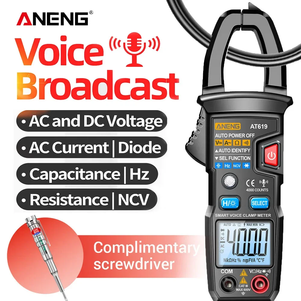 ANENG AT619 Voice Broadcast Clamp Meter 4000 Counts NCV AC/DC 600V 600A Diode Continuity Backlight Auto Off Electrician Tester