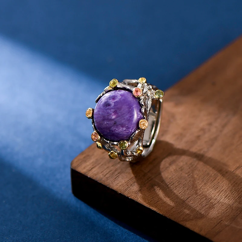 JICAI argento 925 anello da donna gioielli in pietra naturale Charoite rotondo italiano artigianale zircone colore anello da dito Lady