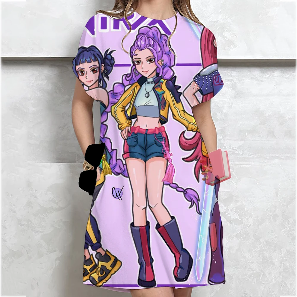 فستان Kpop Demon Hunters Huntrix فستان نسائي فضفاض غير رسمي برقبة دائرية وأكمام قصيرة فستان قصير فضفاض أنيق لحفلات الشاطئ والعطلات