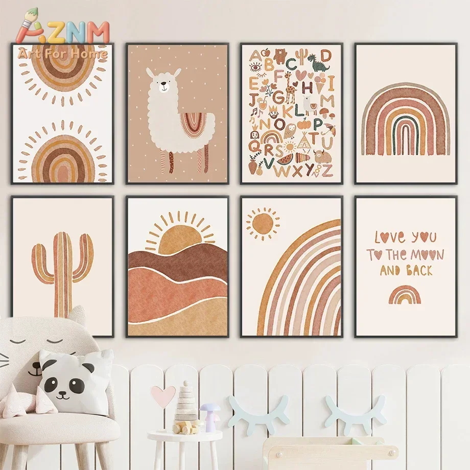 Alpaca Unicorn Sun Rainbow Cactus Nursery Wall Art Canvas Painting Nordic Posters And Prints Wall Pictures Baby Kids Room Dec
