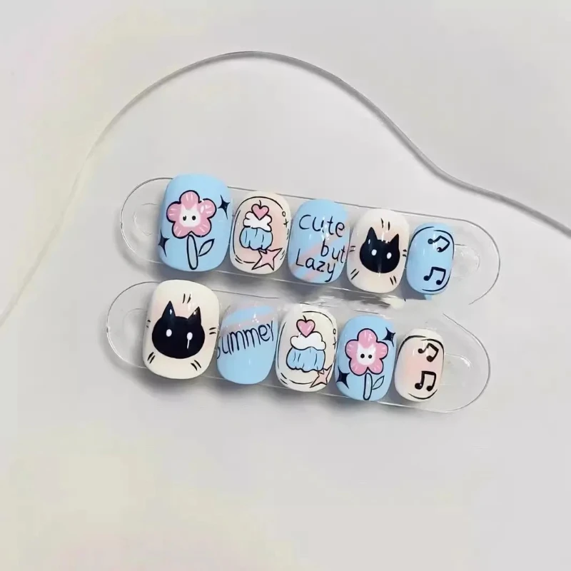 10 peças pintadas graffiti arte imprensa em unhas artesanal azul blush gatinho flores bonito curto usar unhas falsas