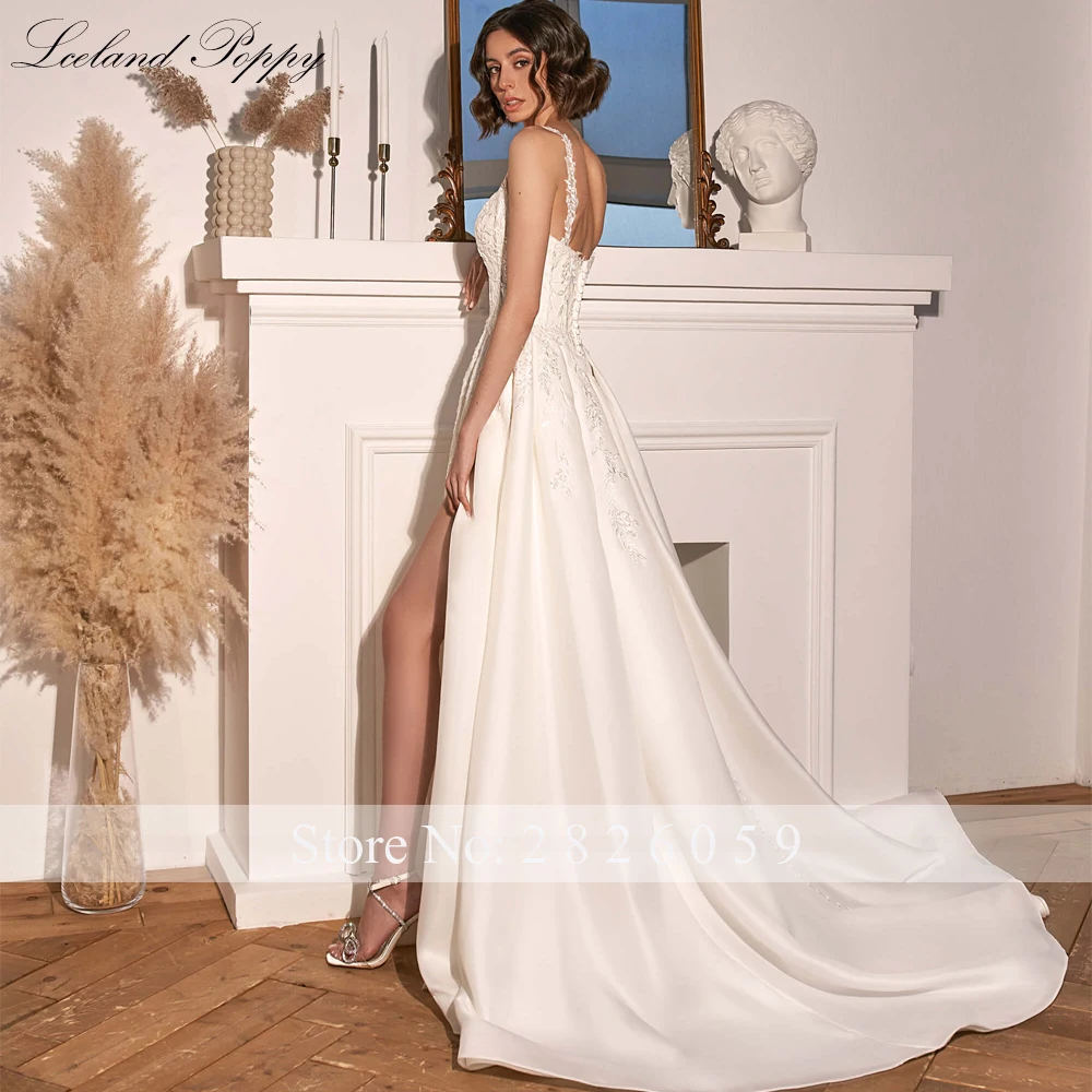 Lceland Poppy A Line Square Neck Satin Wedding Dresses Floor Length Sleeveless High Slit Bridal Gowns with Court Train