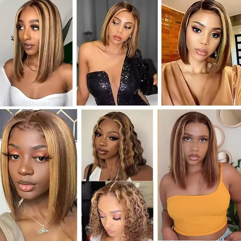 4/27 Highlight Bob Wigs Straight Lace Front Wig Human Hair Ombre Frontal Bob Wig Human Hair gluelss wear to go Ombre Brown Wig 1