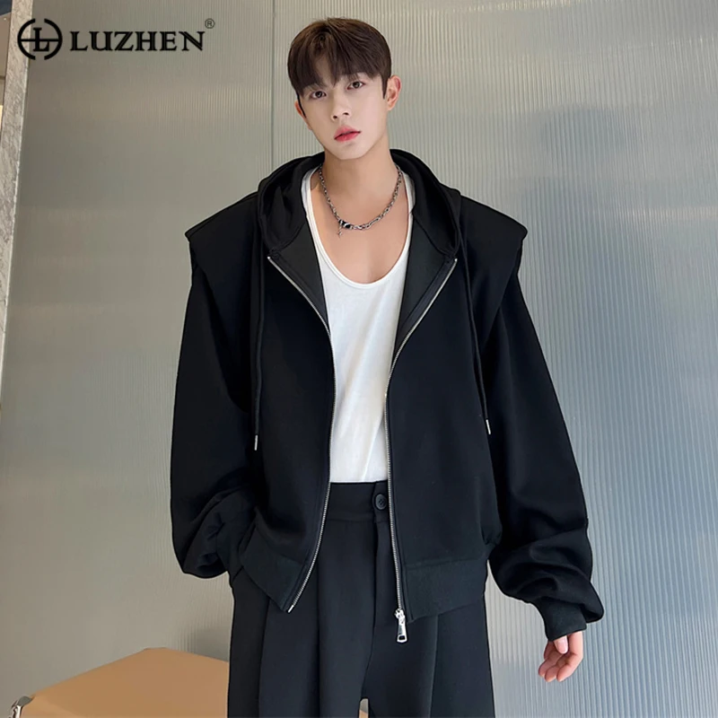 

LUZHEN Men's Shoulder Pad Hooded Cardigan Korean Chic Sweatshirt Solid Color Zip Loose Casual Male Jacket Autumn New Coat A22635