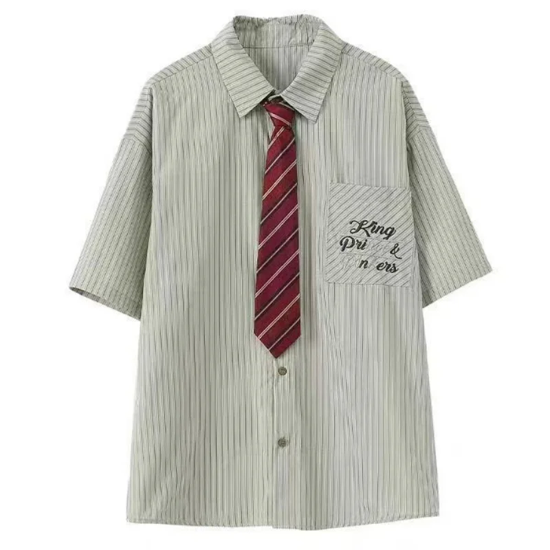 Preppy Style Teenage Necktie Shirts Vintage Green Striped Single Breasted Shirt Summer Short Sleeve Large Size Loose Tops Coats