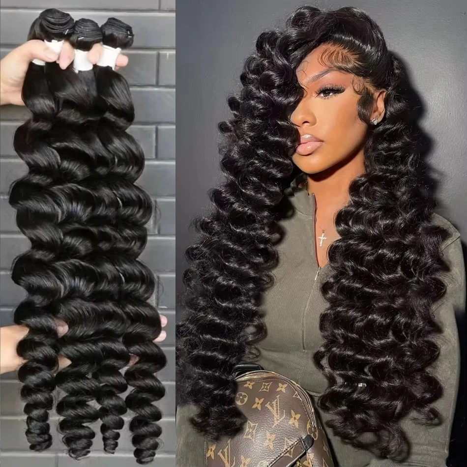 

30 38-дюймовые свободные пучки глубоких волн с двойным утком, вьющиеся пучки человеческих волос, необработанные наращивания, необработанные бразильские волосы для женщин