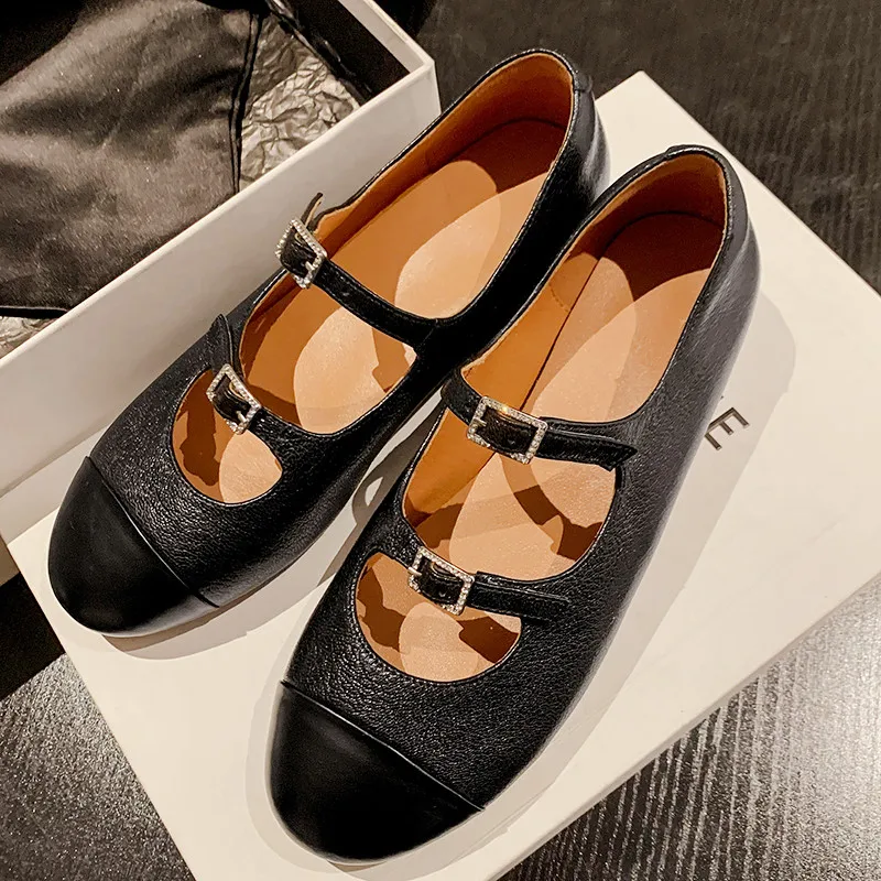 

MKKHOU Fashion Women's Shoes New High Quality Genuine Leather Color Match Belt Buckle Low Heel Women's Shoes Mary Janes Shoes