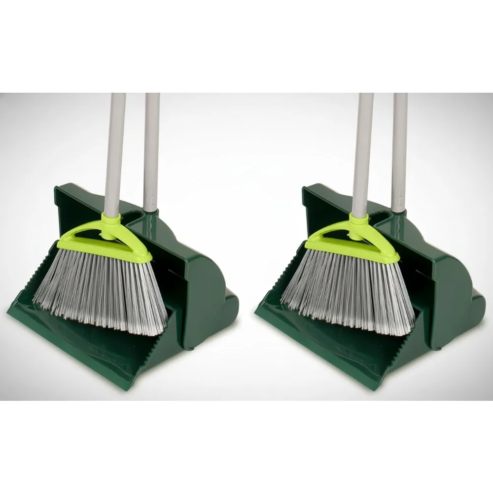 

Adjustable Handle Broom Dustpan Set - Indoor Outdoor Wet Dry Use - Space Saving Standing Combo (2 Pack)