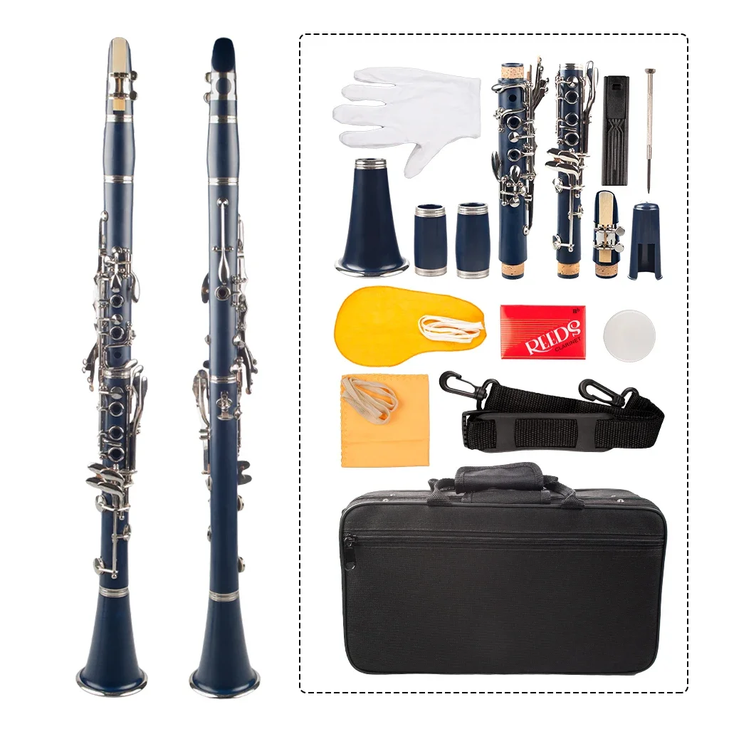 

Professional Clarinet 17-Key Bb Flat with Case Gloves Cloth Mini Screwdriver Reed Case 10pcs Reeds Dark Blue Color