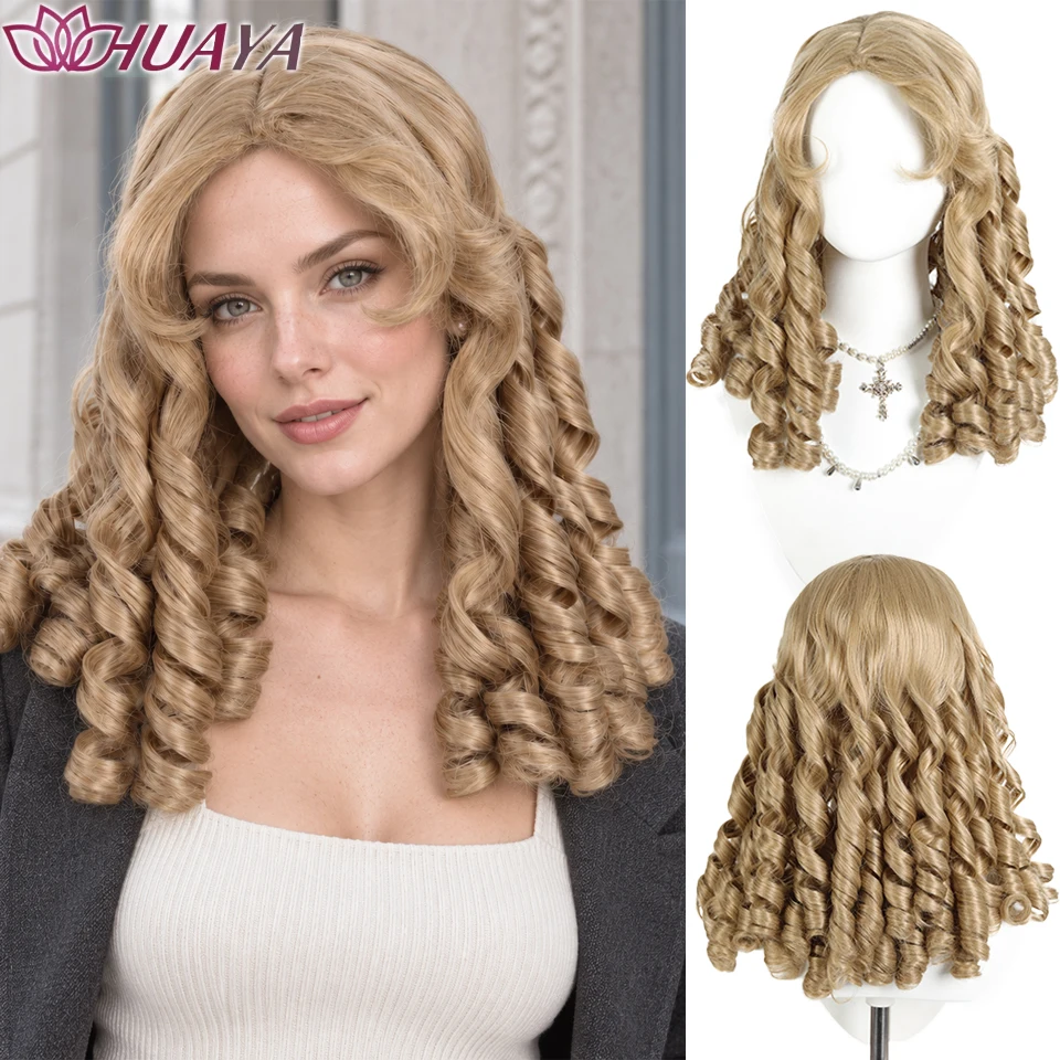Synthetic Curly Wig for Women Middle Part Spiral Curls with Curtain Bangs Adjustable Cap for Daily Wear and Parties