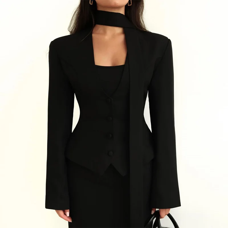 

Women's clothing 2025 new commuter suit fashionable solid color slim fit V-neck scarf with long sleeved small suit jacket top