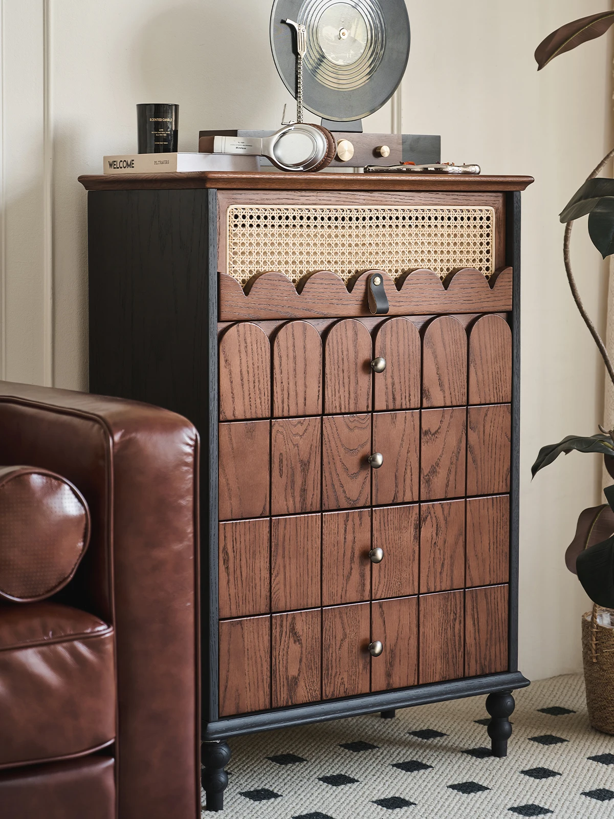 

Medieval style wood five six seven eight nine bucket storage cabinet against the wall, retro bedroom storage French bucket