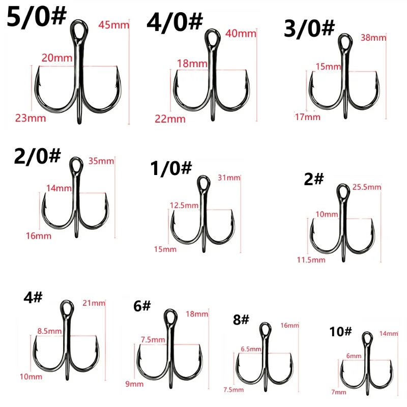 10Pcs/lot 2# 4# 6# 8# 10# 1/0 2/0 3/0 4/0 5/0 Black Fishing Hook High Carbon Steel Treble Overturned Hooks Fishing Tackle