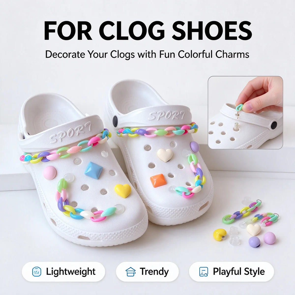 Colorful Clog Shoe Charm Set, Assorted Heart & Square Bead Charms with Candy Color Chain Links, Detachable DIY Shoe Decorations
