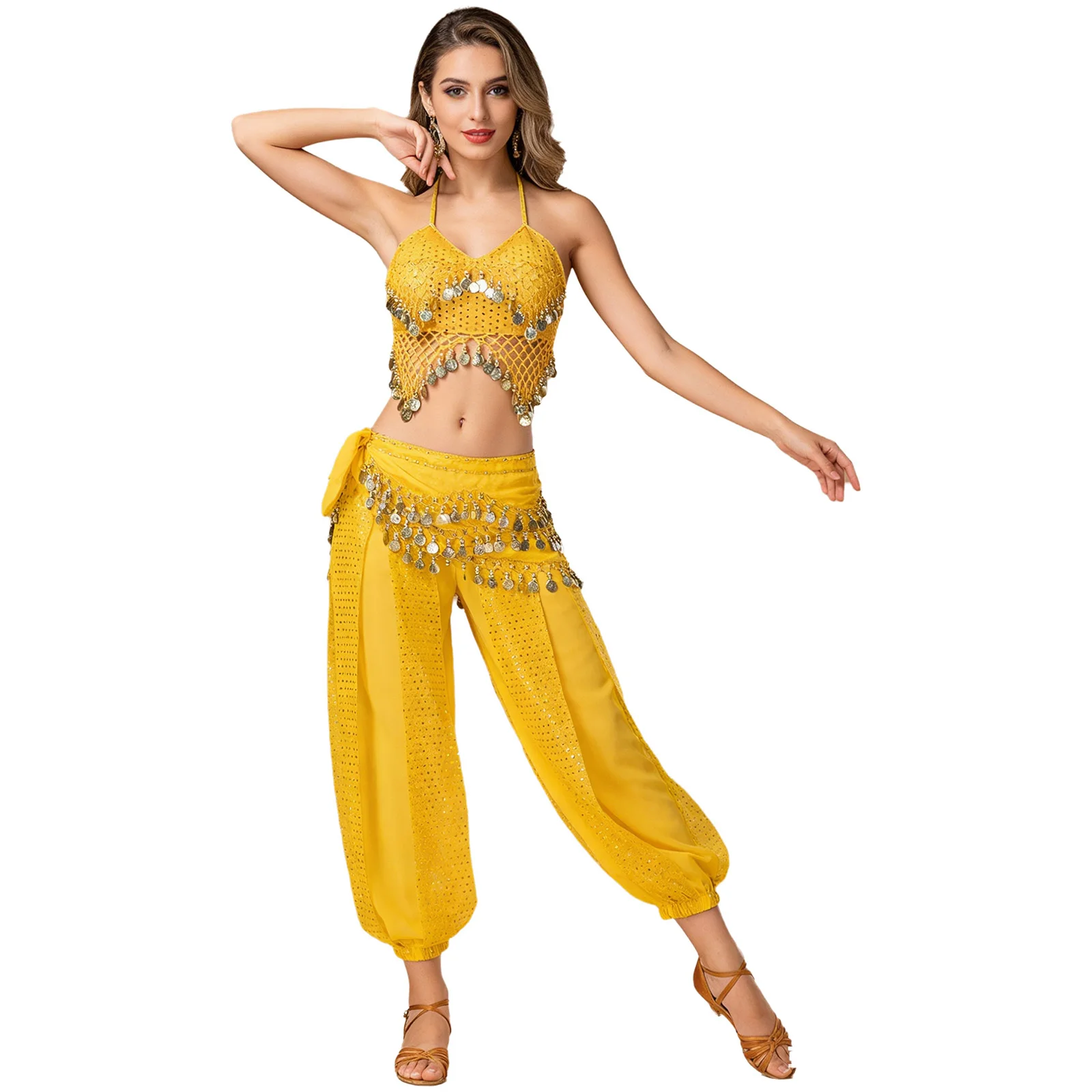 Women Belly Dance Performance Costume Outfit Halter Sequin Mesh Plastic Beads Tassel Bra Top with Layer Bloomers Hip Scarf Pants
