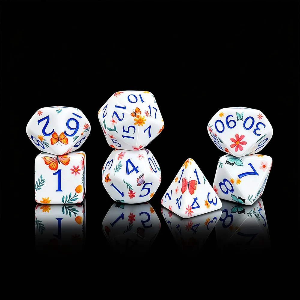 7Pcs Polyhedral Acrylic Printed Dice Set With Colorful Butterfly Flower Pattern For DND RPG COC Tabletop Board Game Role‑Playing