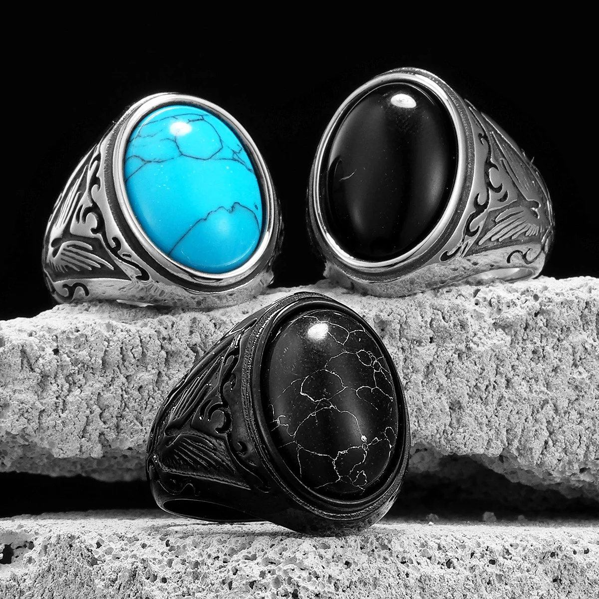 Black Turquoise Carved Men Rings Stainless Steel Women Jewelry Vintage Punk Rock Cool Stuff Fashion Accessories Gift Wholesale