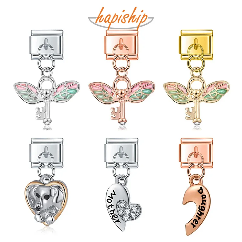 Hapiship Women Fashion Colour Wing Key Heart Dog Charm Italian Link Fit 9mm Stainless Steel Bracelet Jewelry Making DJ523