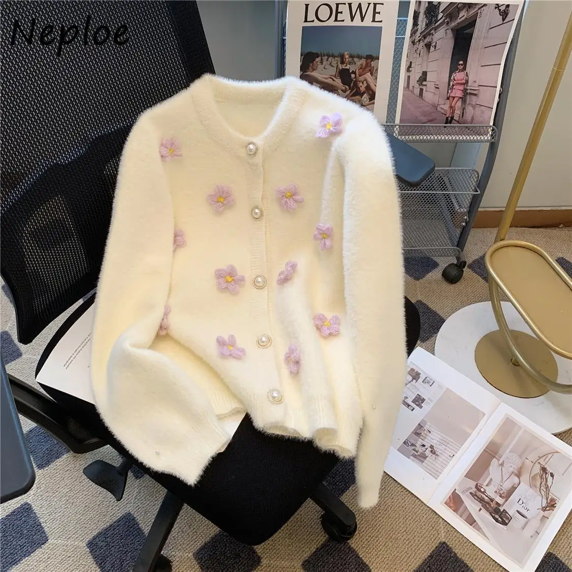 Neploe O Neck Fur Fluffy Gentle Exquisite Pull Femme Feminine 3D Flower Embroidery Western Knitted Warm Small Fragrance Cardigan