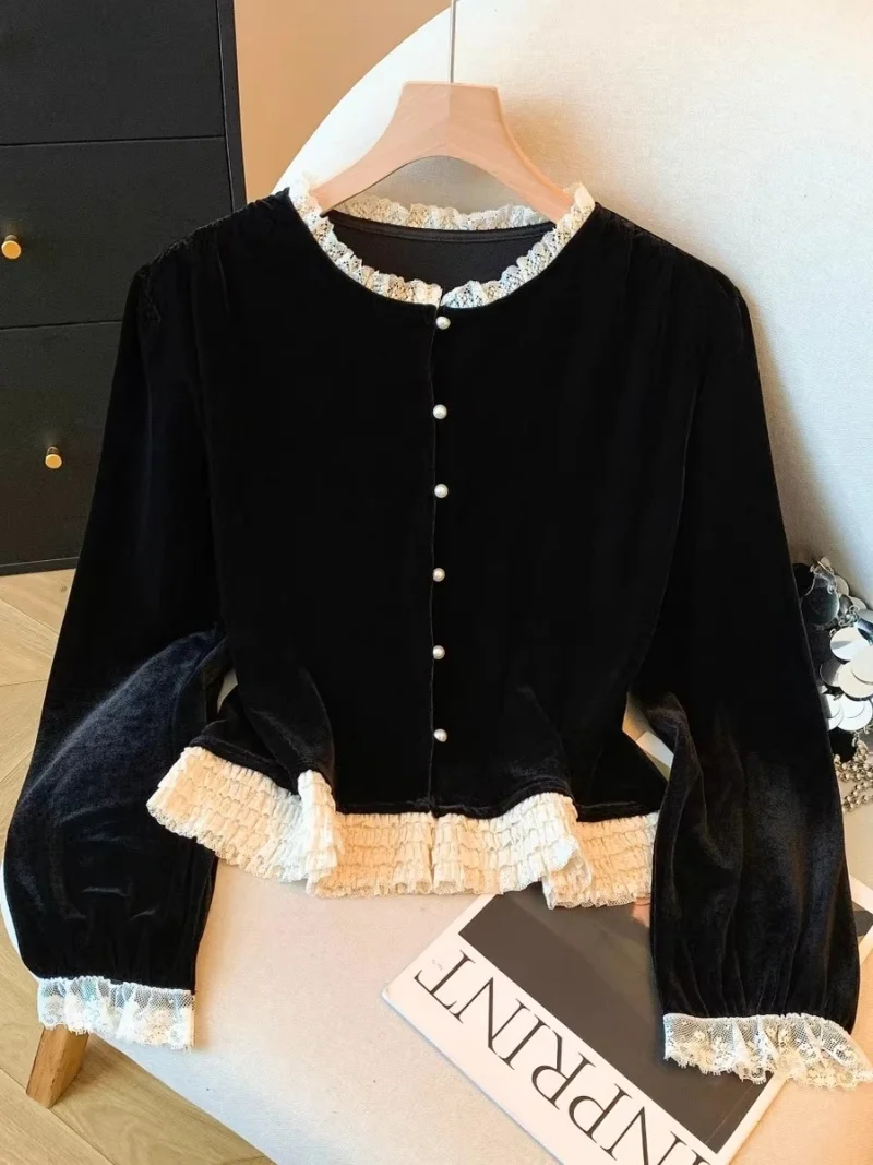 

Роскошная черная бархатная блузка женская во французском стиле с кружевными вставками и длинными рукавами - осенне-зимний повседневный шикарный топ W2043