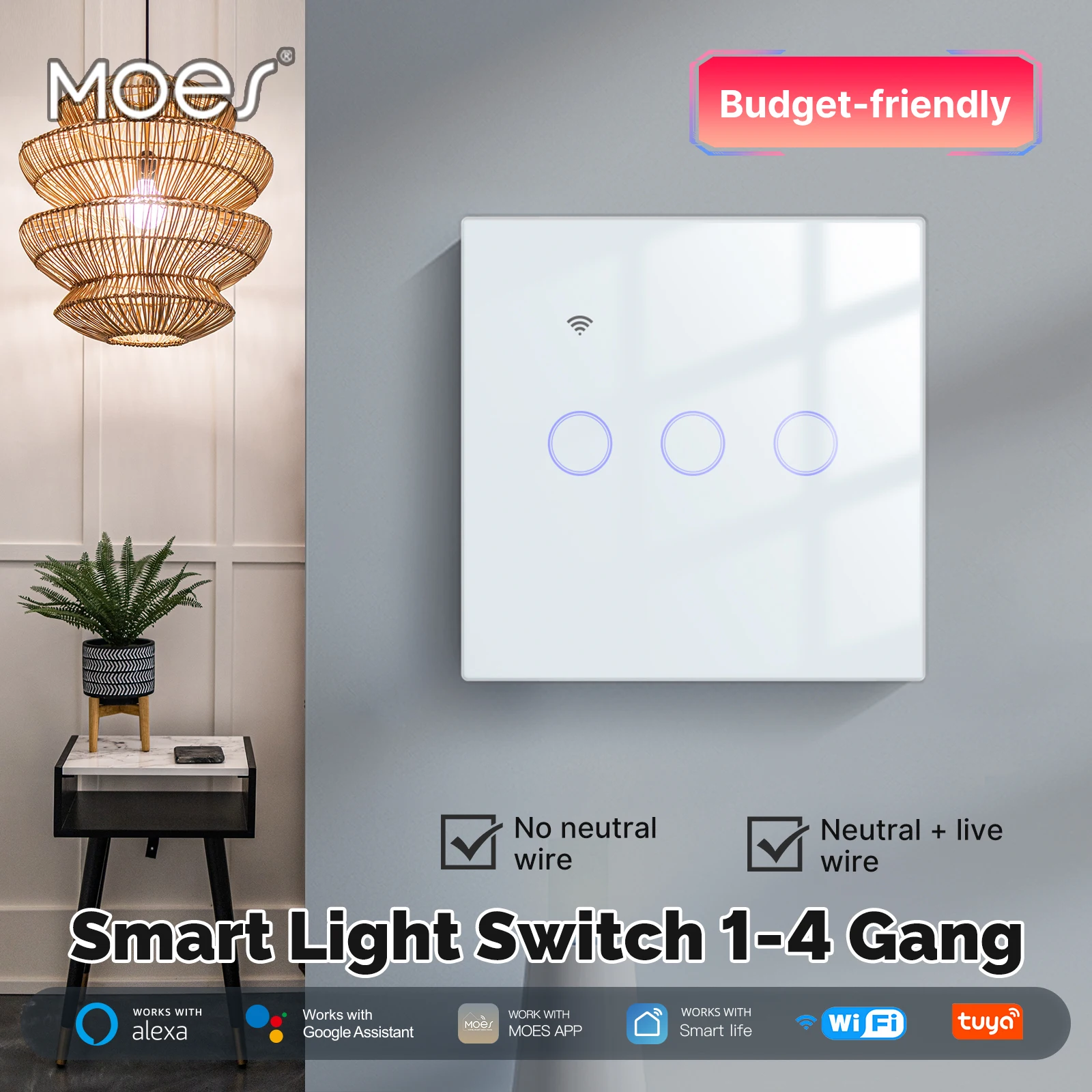 

Tuya WiFi Smart Light Switch Glass Touch Control Fireproof No Neutral Wire Required Remote Control Alexa Google Home Compatible