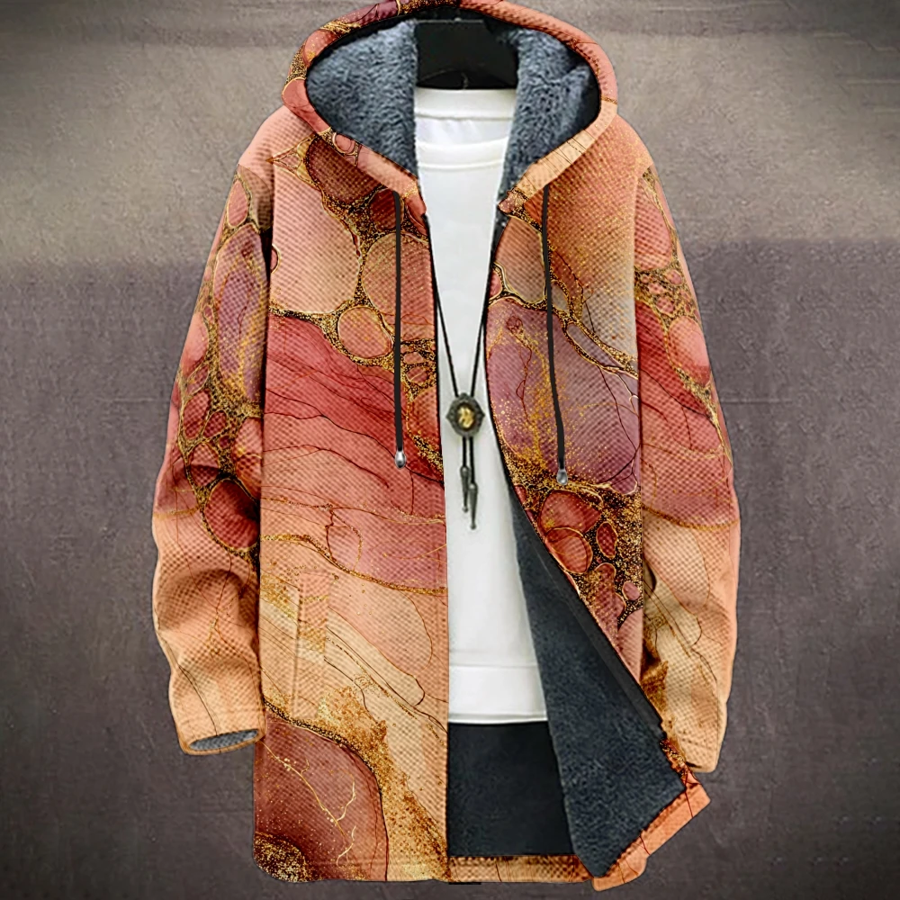 

Мужская художественная флисовая куртка с капюшоном и градиентом, красочный мраморный принт, теплая подкладка из искусственного меха, стильное зимнее пальто для повседневной моды