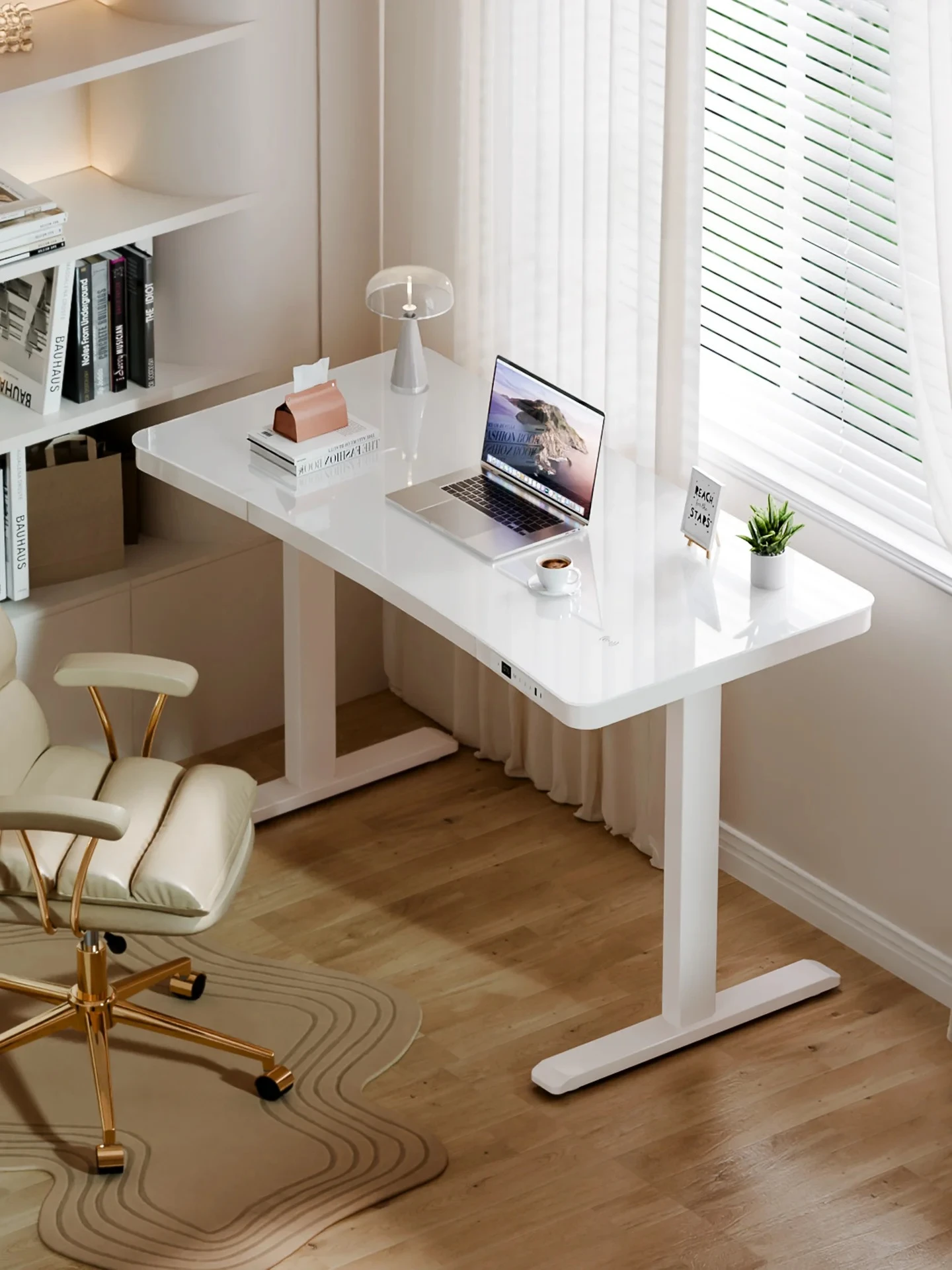 HGCurved computer electric lifting table household writing smart office study table glass table