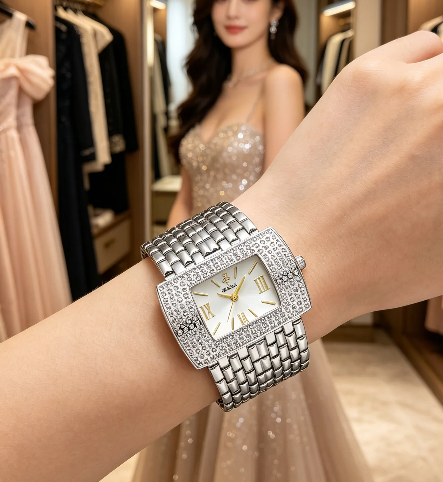 YaLaLuSi French Elegant Ladies Rectangular Silver Watch Bling Crystal Surrounded Case Multi-Row Wide Band Waterproof Quartz Dress Watch Premium Gift Box