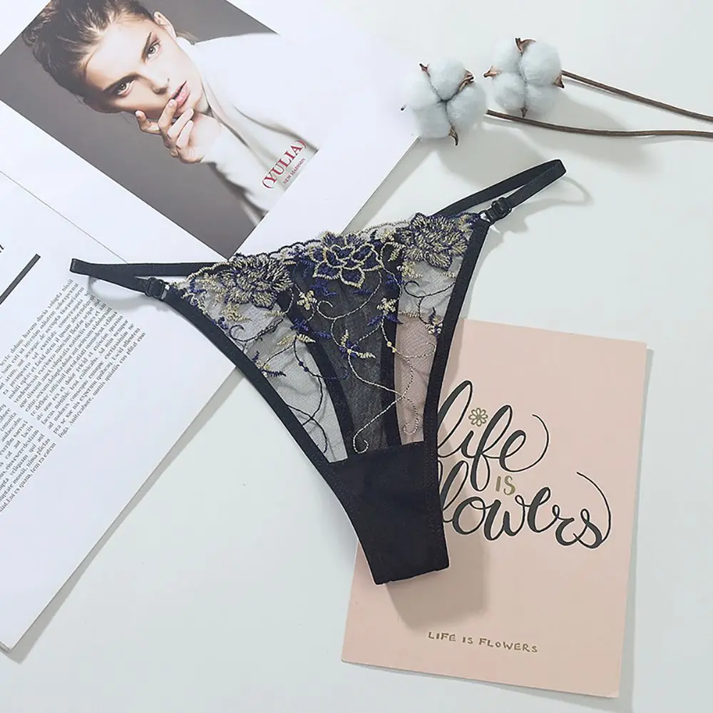 

Embroidered Women Low-waist Underpants T-Back Cotton Crotch Mesh Thong Sexy Briefs Lady Lingerie Flowers Panties