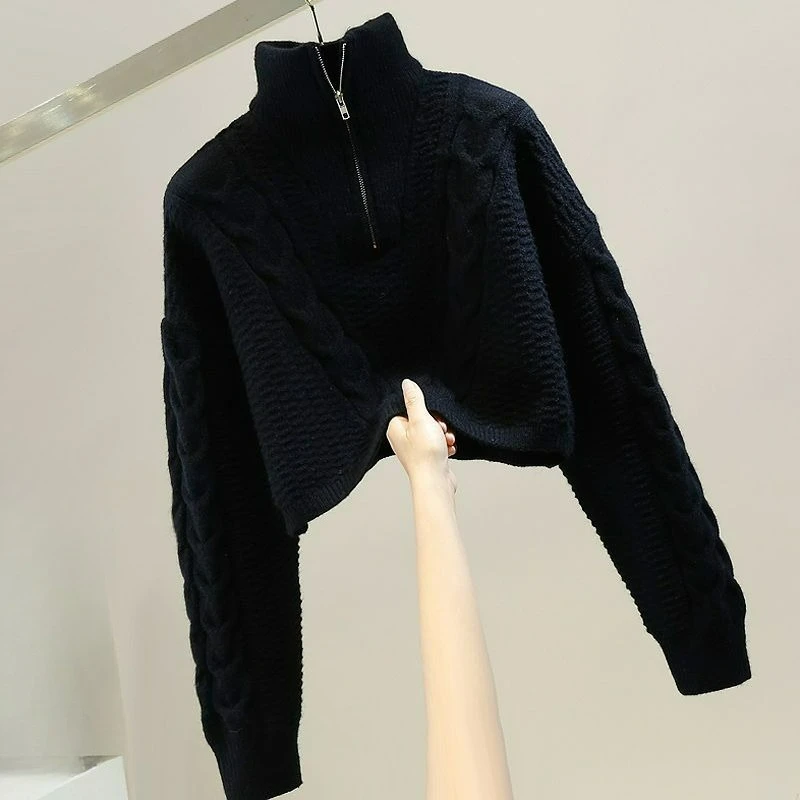 Spring and Autumn Half-zipper Short Twisted Sweater A Laid-back Style Knitted Sweater for Women Is Trendy Fashionable and Simple