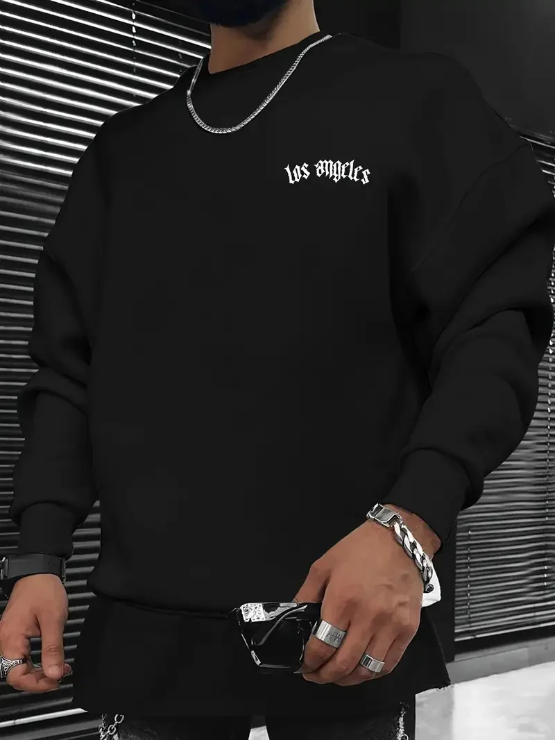 Men's autumn and winter fashionable casual loose Los Angeles letter print fleece pullover long sleeved round neck sweatshirt