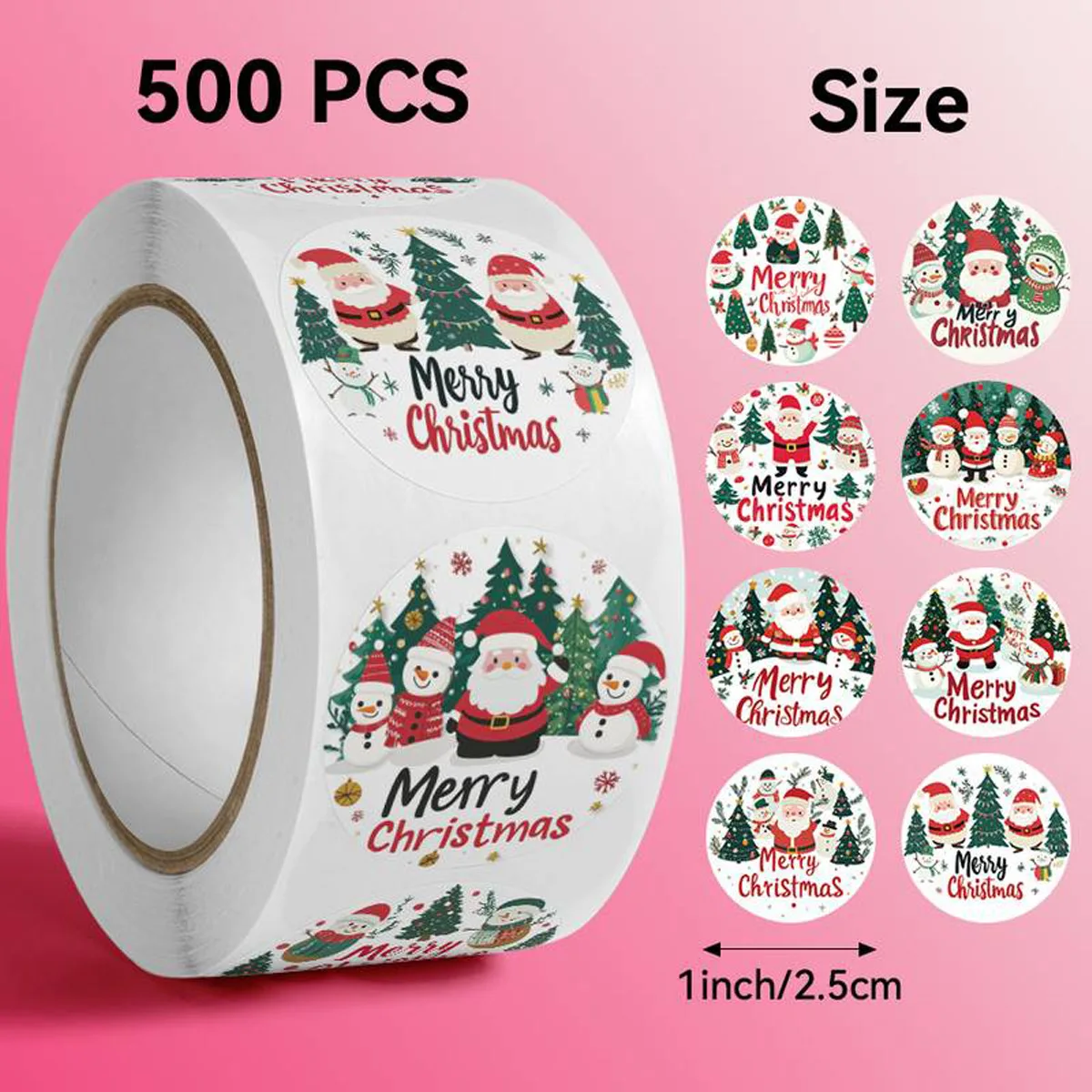 500Pcs 2.5CM Round Christmas Self Adhesive Labels Santa Snowman Pattern Stickers for Gift Sealing Xmas Card Packaging DIY Decor