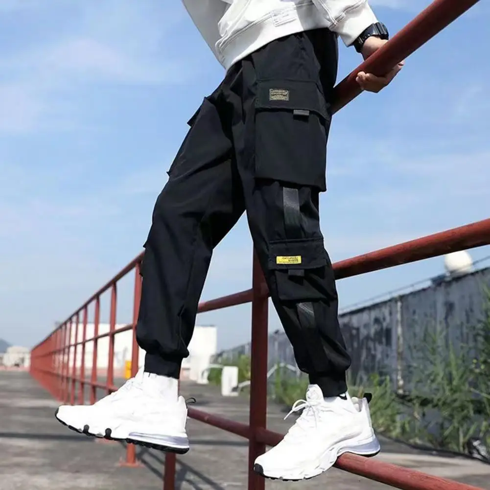 Men's Casual Pants Loose Strap Strap Elastic Waist Solid Color Multi-pocket Outdoor Travel Sweatpants