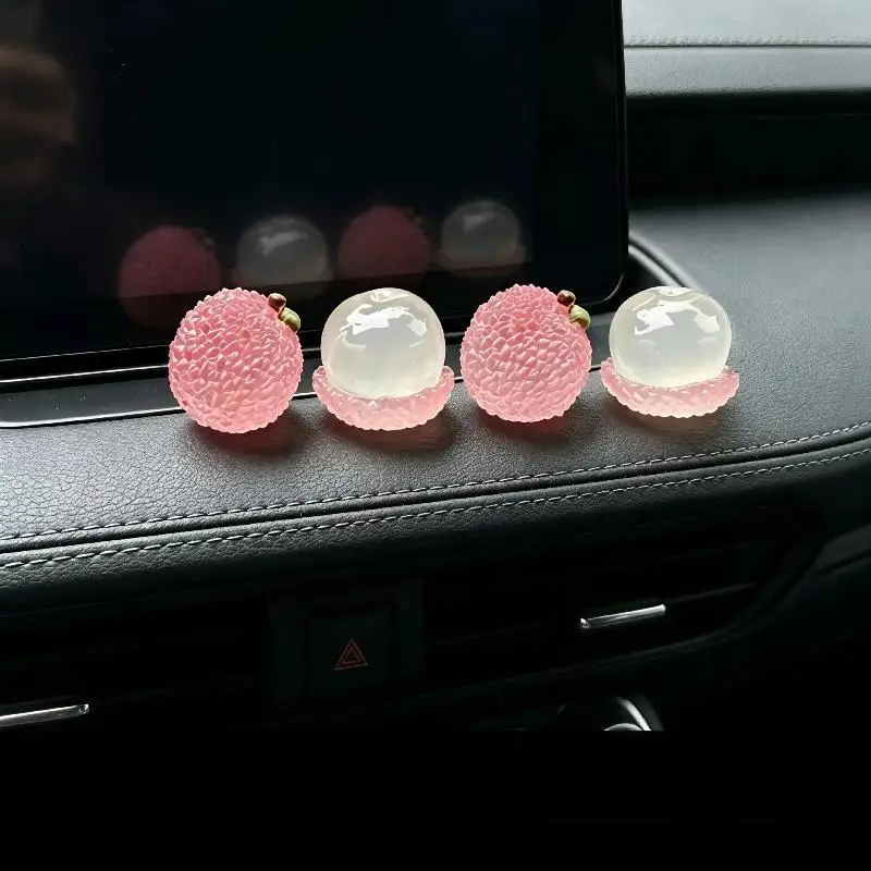 4Pcs Cute Fruits Decoration Car Ornament Screen Fake Lychee Orange Shaped Auto Center Console Ornaments For Girls Gifts