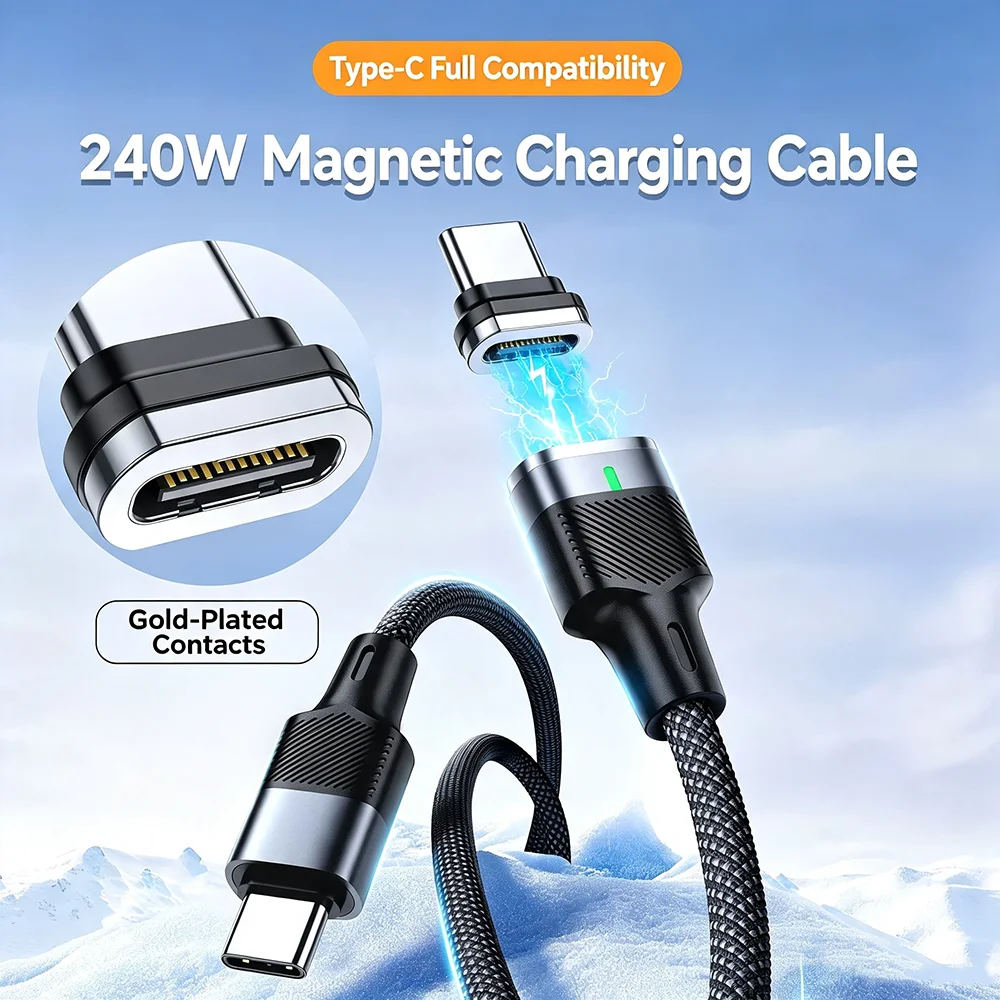 HANNUO 240W 48V5A Magnetic USB-C Cable PD3.1 Fast Charge Magnetic Plug120Gbps High Speed Data Sync Dual Use Type C Charger Wire